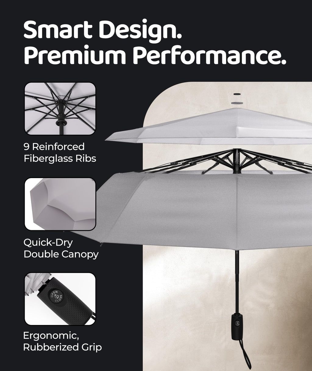 Windproof Travel Umbrella - Compact & Withstands Winds up to 100MPH, Strongest Premium Auto Folding Umbrella for Rain and Sun - Durable, Light & Portable for Women & Men, Fits Backpack & Cars