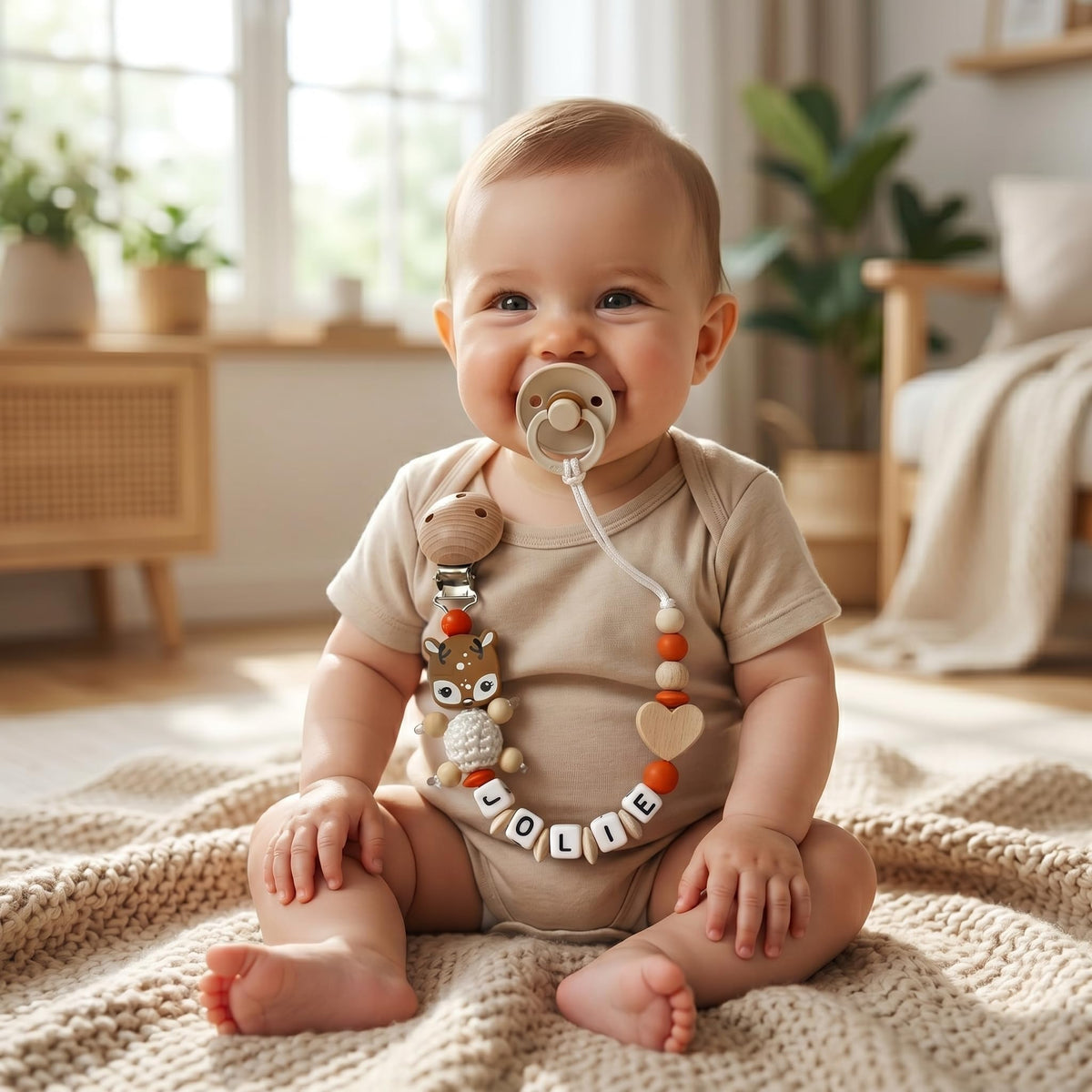 Schnullerband mit Namen für Mädchen & Jungen personalisierte Baby Geschenke (REH Herzchen)
