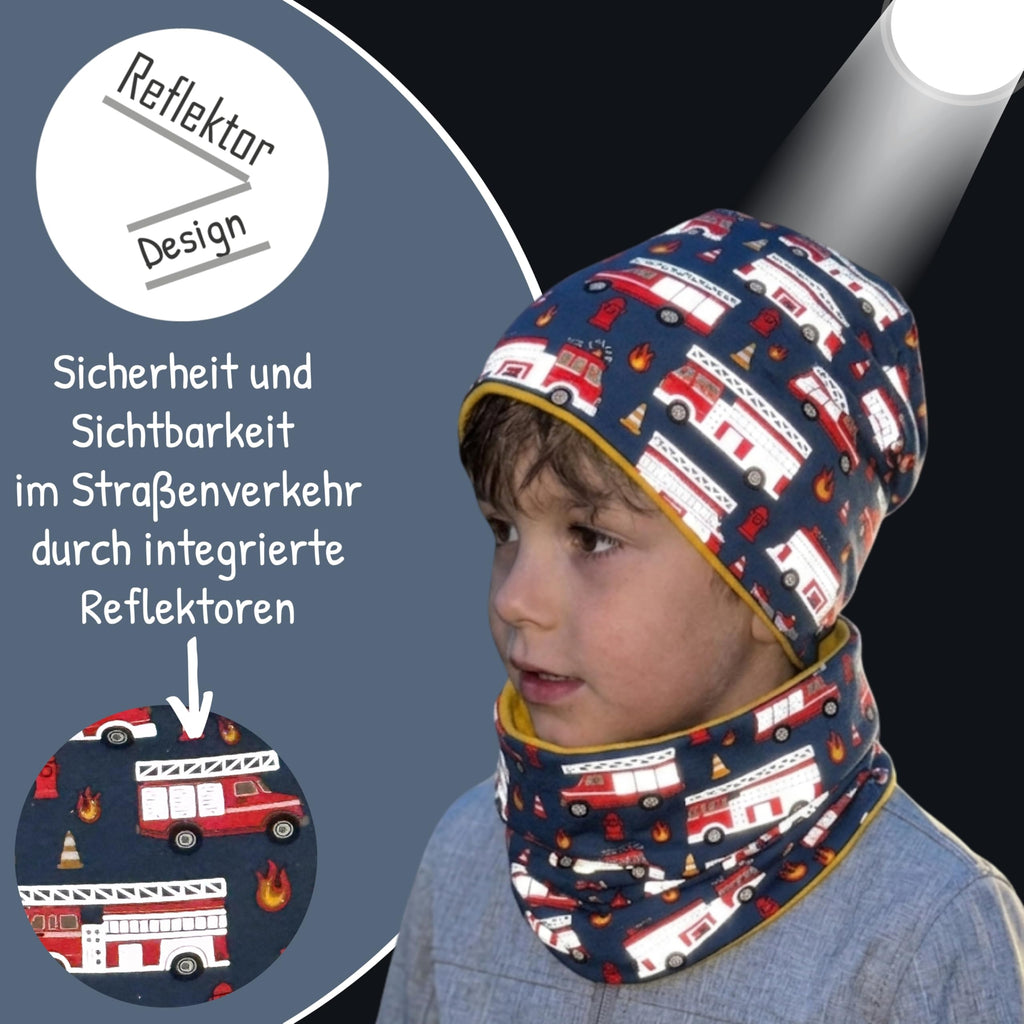 HECKBO 360° Reflektor Kinder Mütze & Loop Schal Set - 95% Baumwolle - weiches & pflegeleichtes Stretch-Material - Beanie Frühling Herbst Winter (48-54 cm)