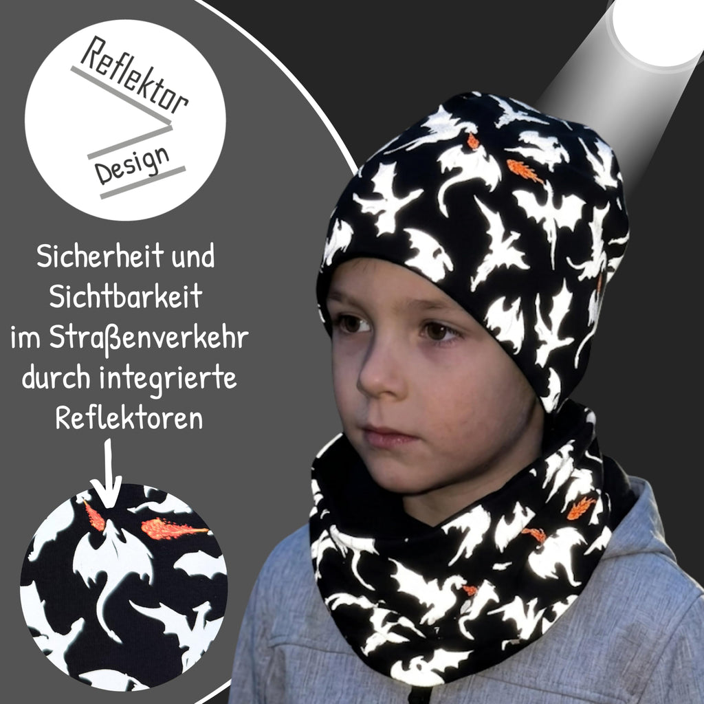 HECKBO 360° Reflektor Kinder Mütze & Loop Schal Set - 95% Baumwolle - weiches & pflegeleichtes Stretch-Material - Beanie Frühling Herbst Winter (48-54 cm)