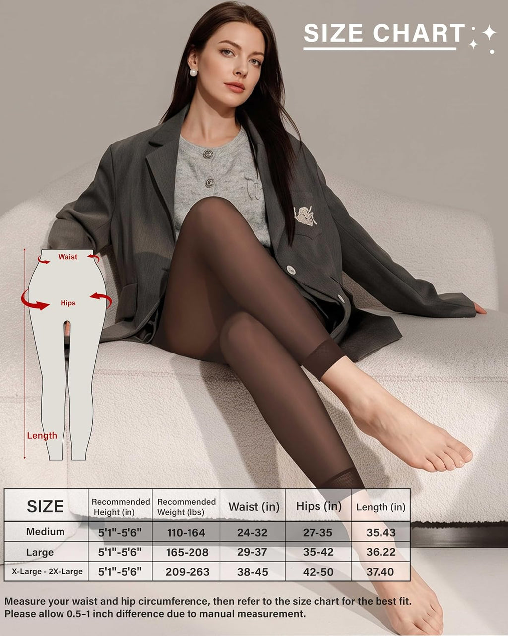 Unesmaro Womens Fleece Lined Tights, Translucent Thermal Pantyhose Leggings