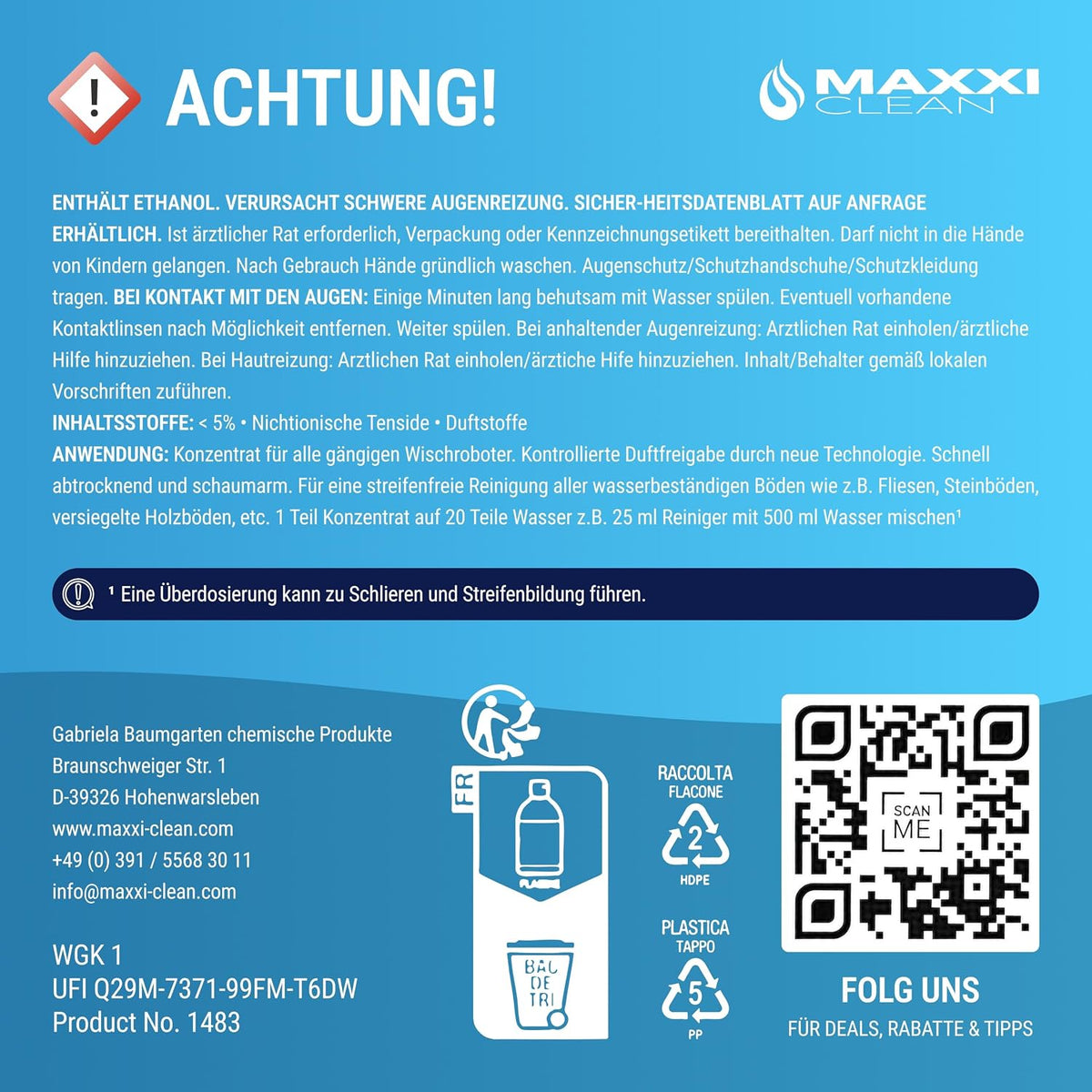 Maxxi Clean 1 x 750 ml Reinigungsmittel für Saugroboter mit Wischfunktion I Konzentrat mit Frische Duft I Universalreiniger für Fliesen, Laminat, Parkett I kompatibel mit gängigen Herstellern