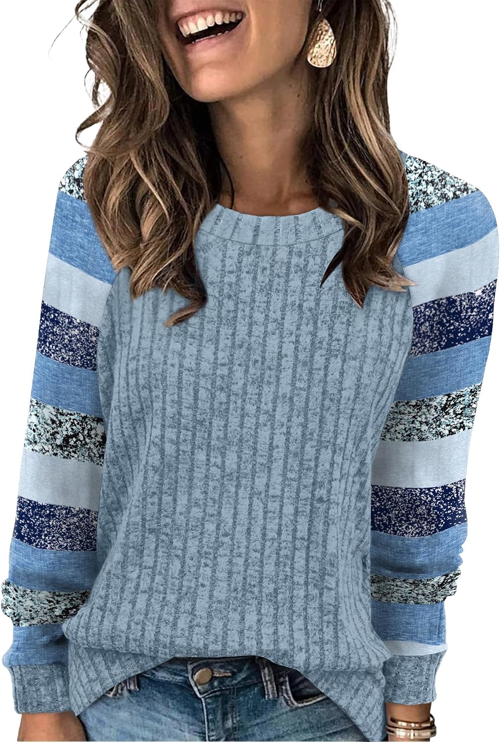 WIHOLL Langarmshirts für Damen Leichte Pullover Herbstoutfits 2026 Color-Block Winterkleidung Schick Lässig Weich