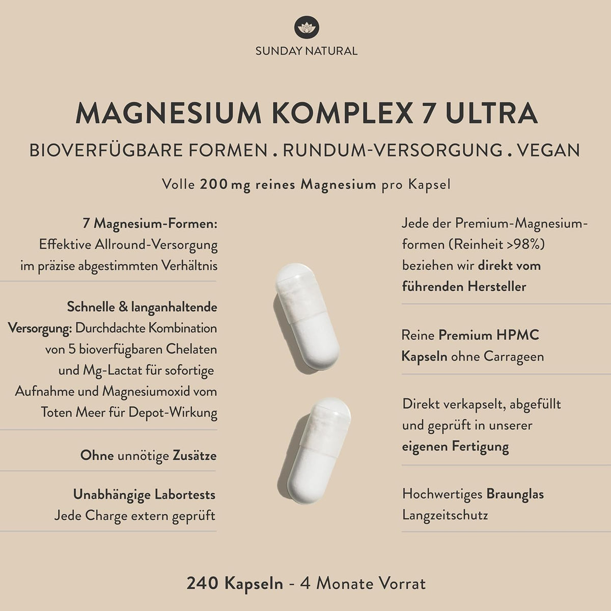 SUNDAY NATURAL® Magnesium Komplex – 240 Kapseln – 400 mg pro Tag – aus 7 Verbindungen: Magnesium-Bisglycinat, -Citrat, -Malat, -Laktat, -Ascorbat, -Oxid, -Lysinat – vegan, laborgeprüft