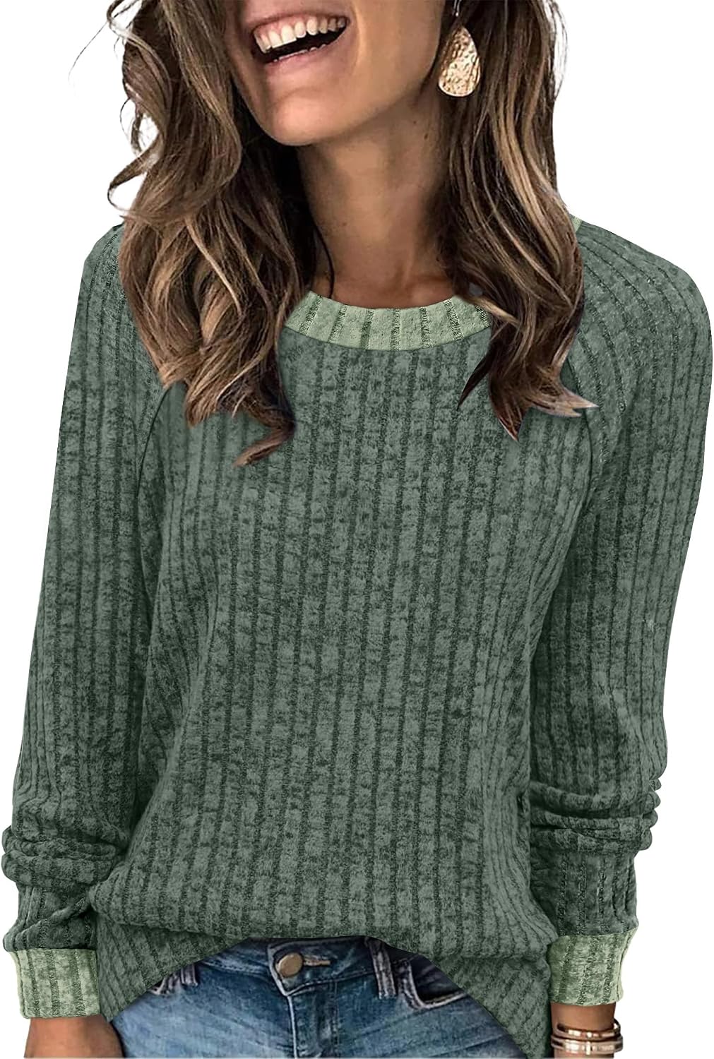WIHOLL Langarmshirts für Damen Leichte Pullover Herbstoutfits 2026 Color-Block Winterkleidung Schick Lässig Weich