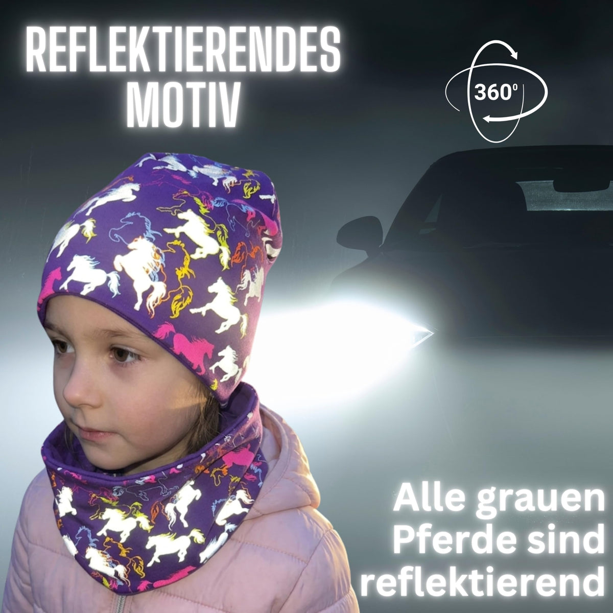 HECKBO 360° Reflektor Kinder Mütze & Loop Schal Set - 95% Baumwolle - weiches & pflegeleichtes Stretch-Material - Beanie Frühling Herbst Winter (48-54 cm)