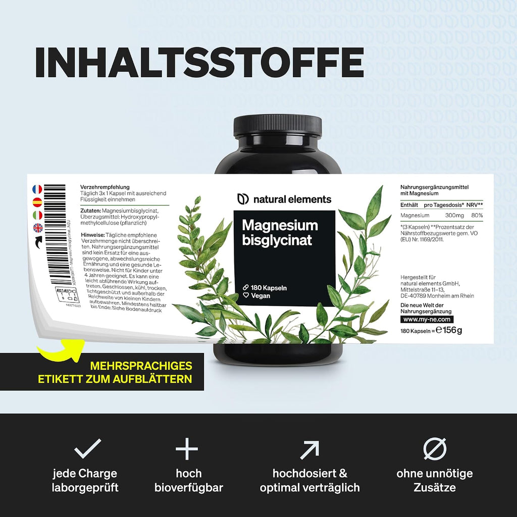 natural elements Magnesium Bisglycinat - Premium: Chelatiertes Magnesium - 180 Kapseln - 300mg elementares Magnesium pro Tagesdosis - Laborgeprüft, vegan, hochdosiert