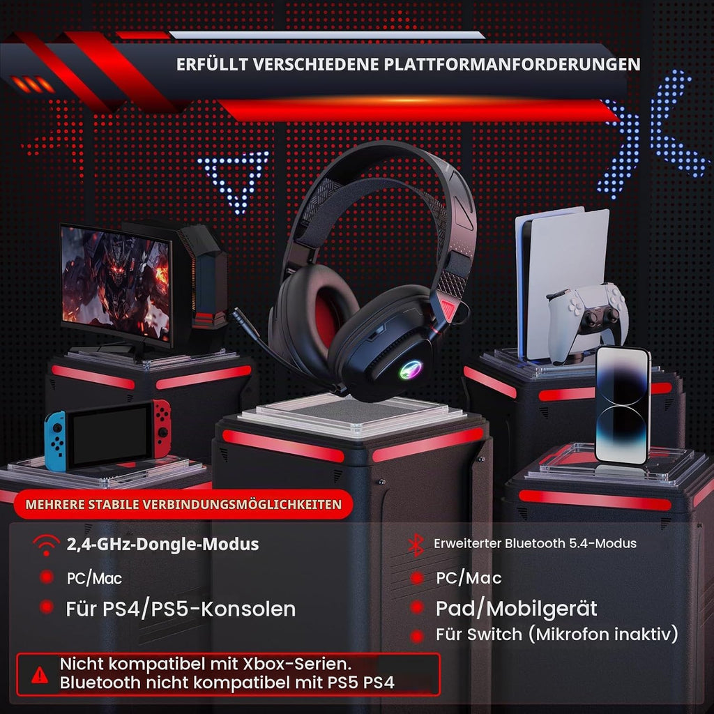 Gaming Headset Wireless für PS5 PS4 PC MAC Handy, 2.4Ghz(USB & Typ-C)+ BT
