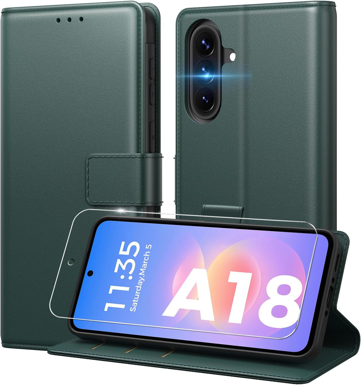 Peakally Handyhülle für Samsung Galaxy A17 5G Hülle [Mit 1 Stück Panzer Schutz Glas] [Premium PU Leder] [RFID-Blockierung] [Kartenfach] Klapphülle kompatibel mit Galaxy A17 5G / 4G - Grün