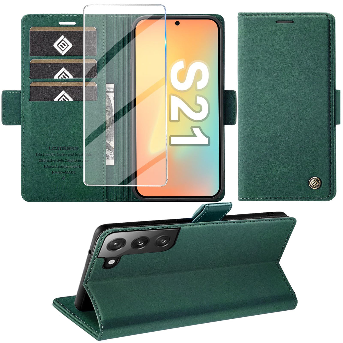 Giyer Handyhülle für Samsung Galaxy S24 5G Hülle mit Schutzfolie, Schutzhülle Galaxy S24 5G PU-Leder Wallet Flip Case Standfunktion Kartenfach Klapphülle für Samsung S24 5G Full Cover (Grün)