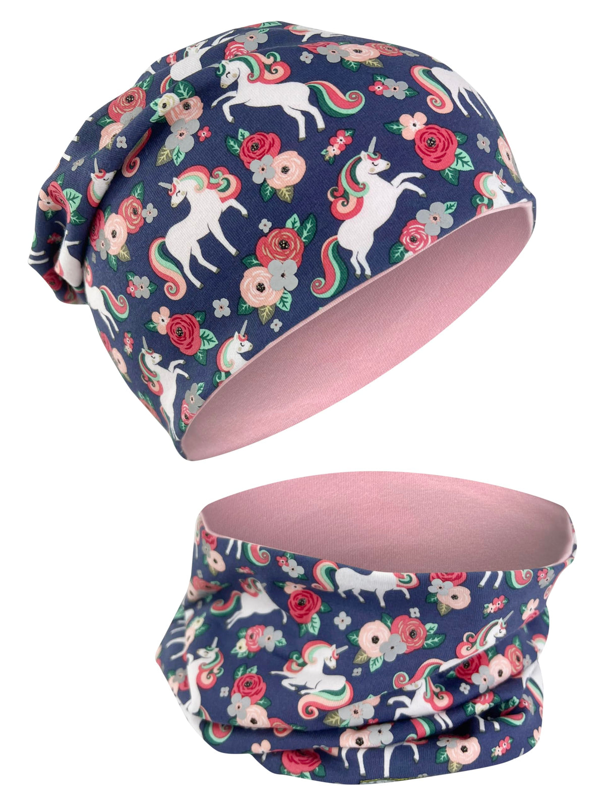 HECKBO 360° Reflektor Kinder Mütze & Loop Schal Set - 95% Baumwolle - weiches & pflegeleichtes Stretch-Material - Beanie Frühling Herbst Winter (48-54 cm)