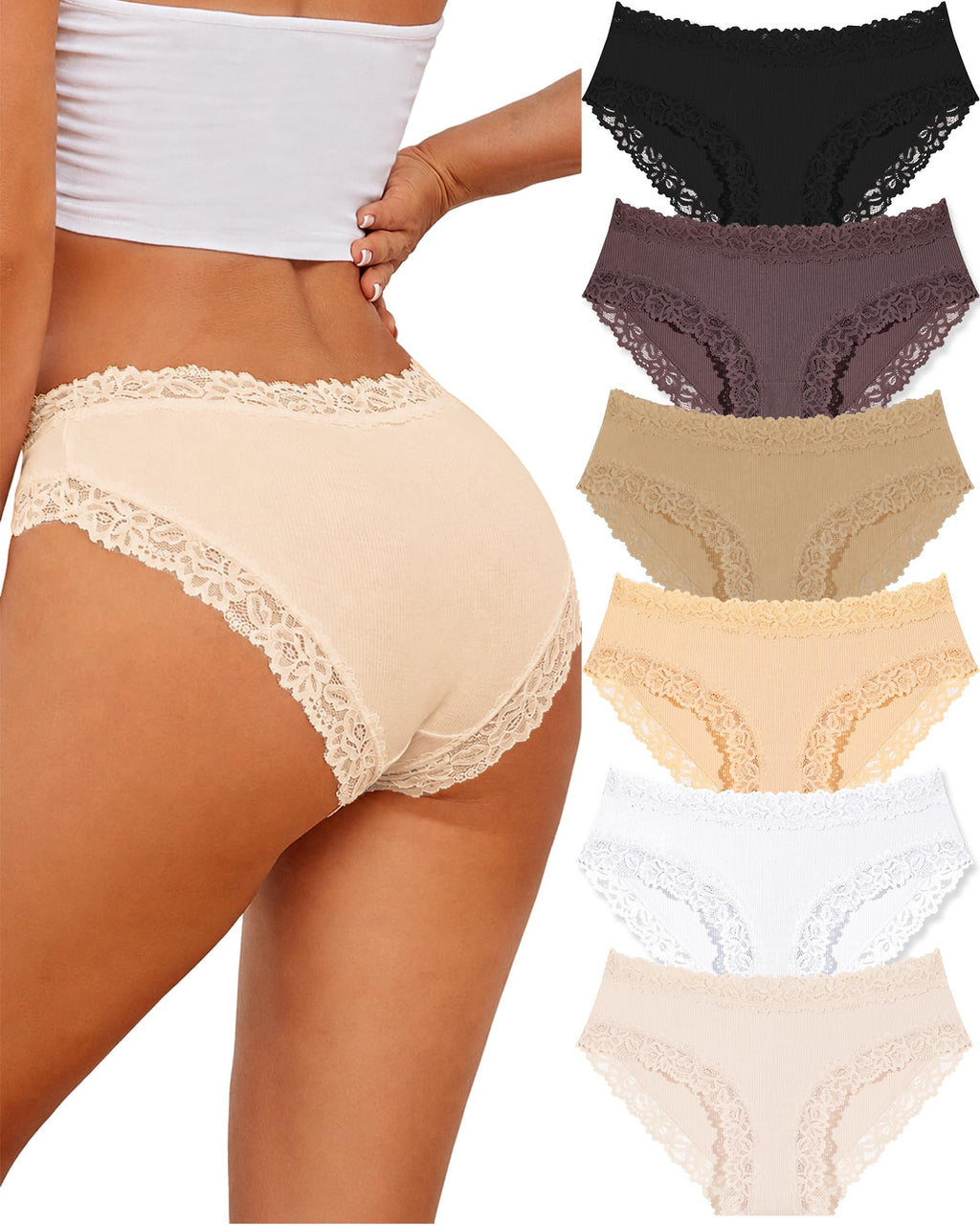 ALL OF SHE 6er-Pack Damen-Unterwäsche aus Baumwolle, Slips mit Spitze, weiche Hipster, sexy Unterhosen im Multipack