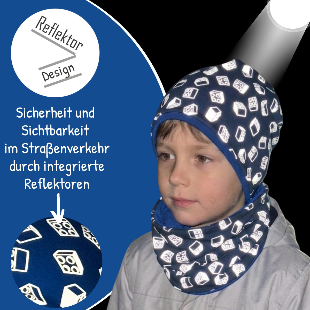 HECKBO 360° Reflektor Kinder Mütze & Loop Schal Set - 95% Baumwolle - weiches & pflegeleichtes Stretch-Material - Beanie Frühling Herbst Winter (48-54 cm)