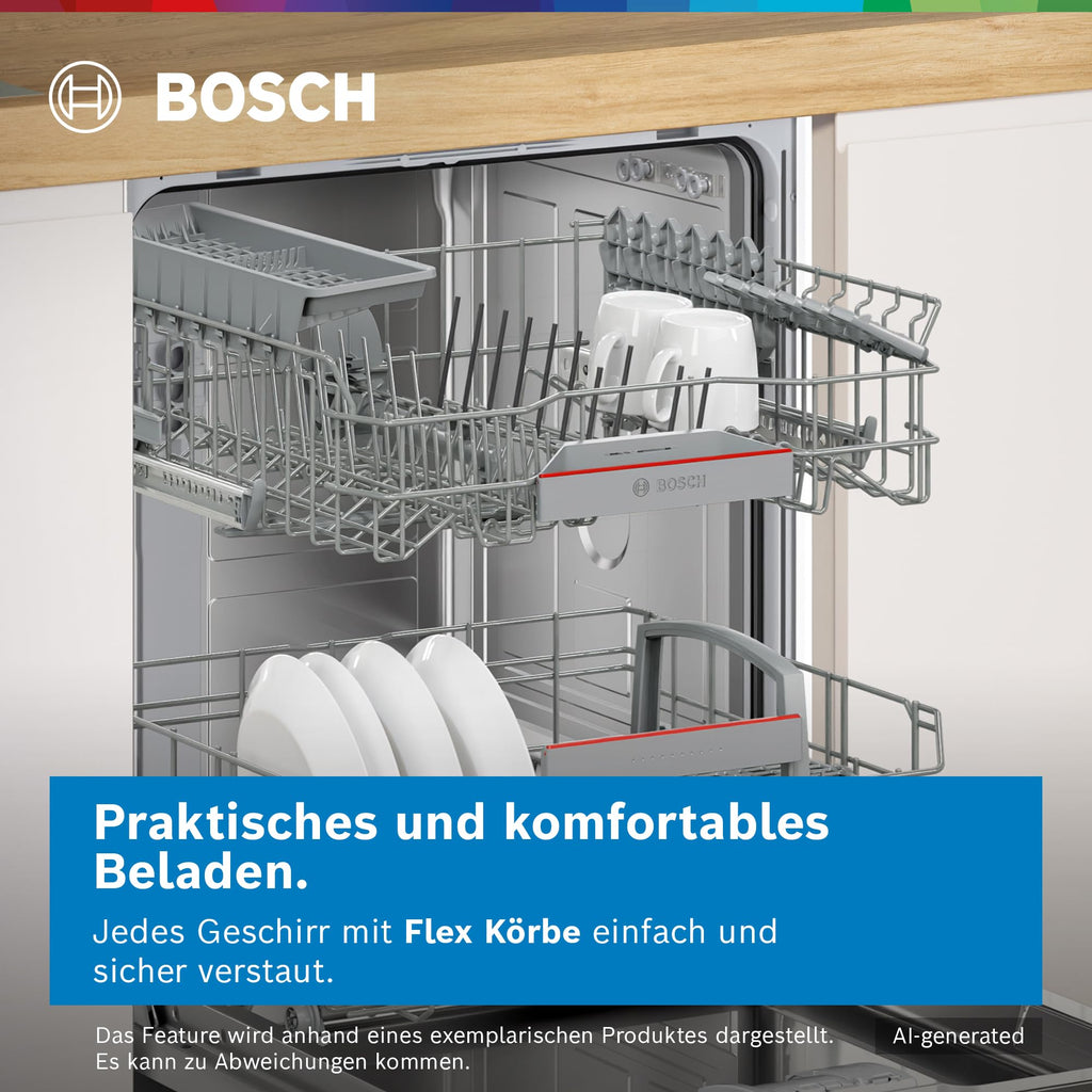 Bosch SMU4EVS08E, Serie 4, Smarter Unterbau-Geschirrspüler 60 cm, Besteckschublade, Spülmaschine mit Programmassistent, besonders Leise, höhenverstellbarer Oberkorb, Automatische Türöffnung, Edelstahl