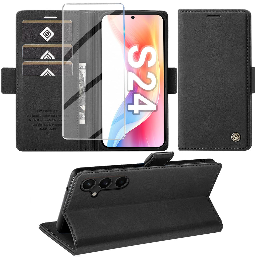 Giyer Handyhülle für Samsung Galaxy S24 5G Hülle mit Schutzfolie, Schutzhülle Galaxy S24 5G PU Leder Wallet Flip Case Standfunktion Kartenfach Klapphülle für Samsung S24 Ultra Full Cover (Grün)