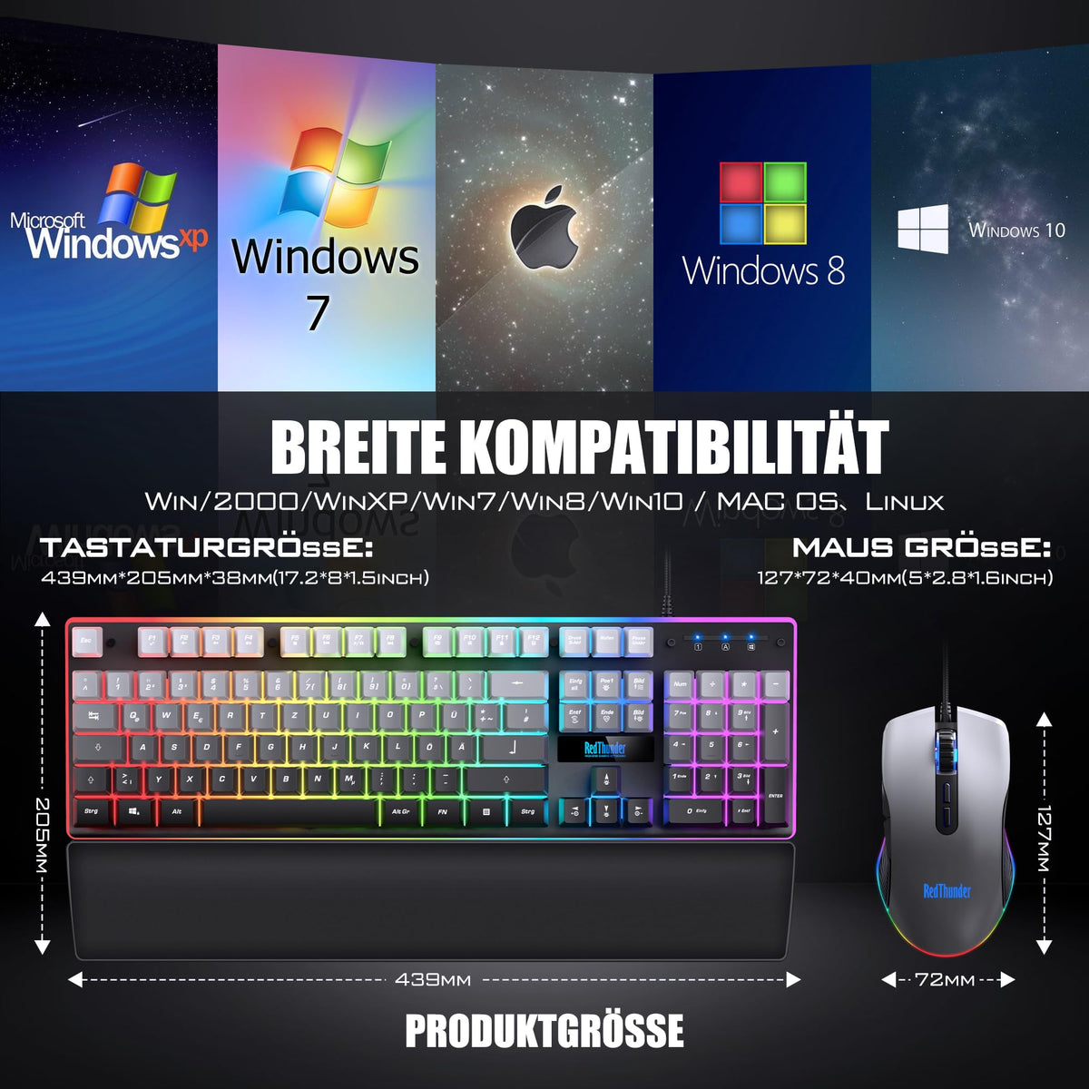 RedThunder K10 Gaming Tastatur und Maus Set, QWERTZ DE-Layout, Metallplatte und Handballenauflager，RGB-Hintergrundbeleuchtung - und 7D mit Ergonomische - für PC Mac Gamer(Weiß)