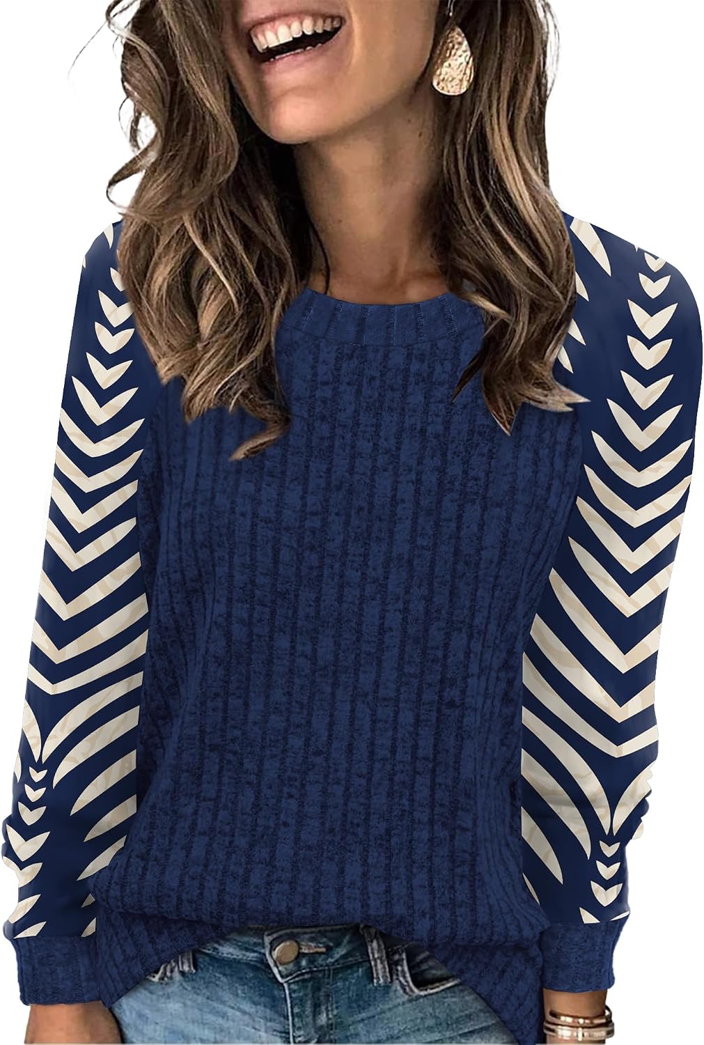 WIHOLL Langarmshirts für Damen Leichte Pullover Herbstoutfits 2026 Color-Block Winterkleidung Schick Lässig Weich