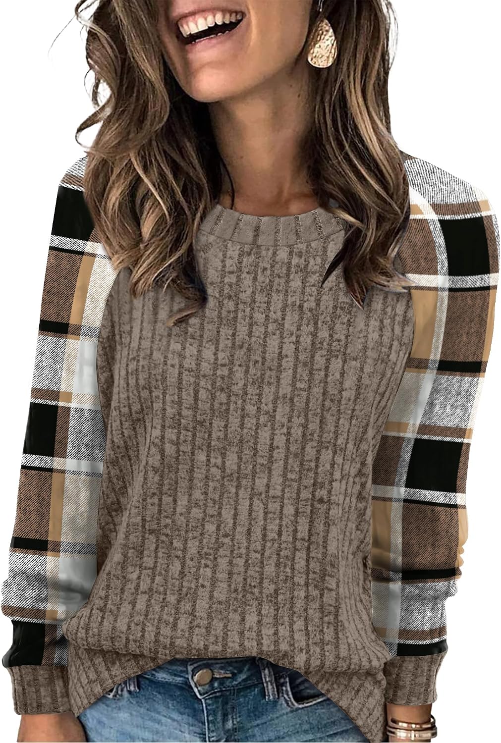 WIHOLL Langarmshirts für Damen Leichte Pullover Herbstoutfits 2026 Color-Block Winterkleidung Schick Lässig Weich