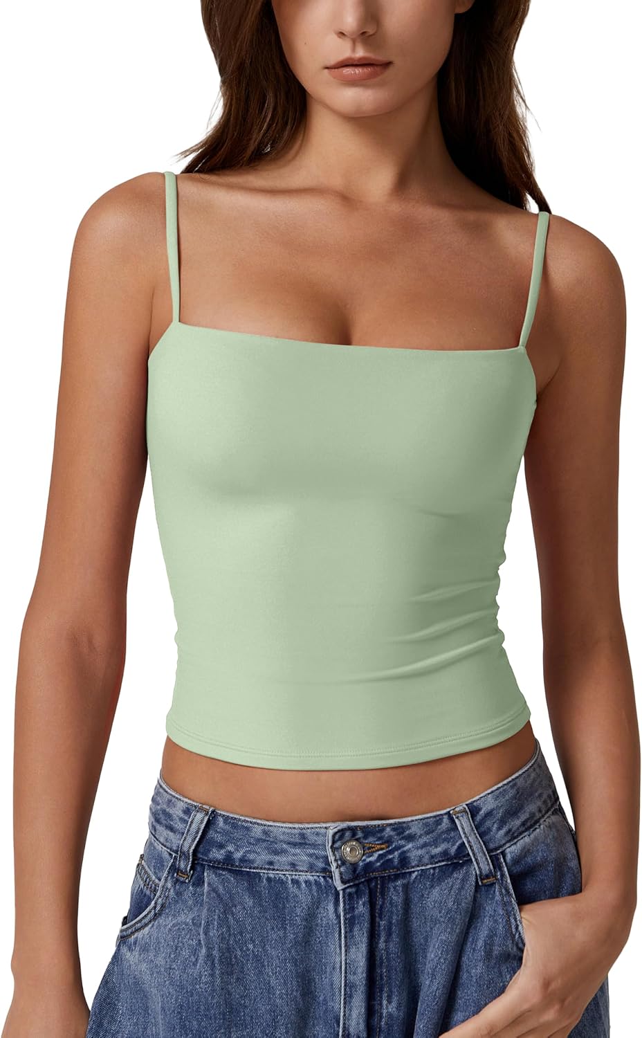 QINSEN Women's Double Lined Basic Tank Top Adjustable Spaghetti Straps Sleeveless Camisole Shirts