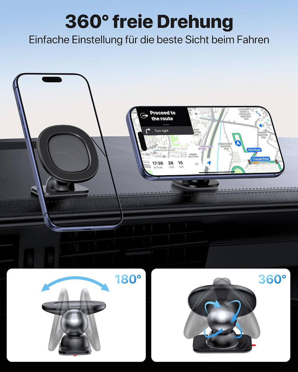 Miracase [2026 Upgraded Handyhalterung Auto Handy Halterung,Universal Car Phone Holder[Stärkste Saugnapf & Lüftungshaken] 360° Drehbar kfz autohalterung Lautsprecher für iPhone Samsung Galaxy Google