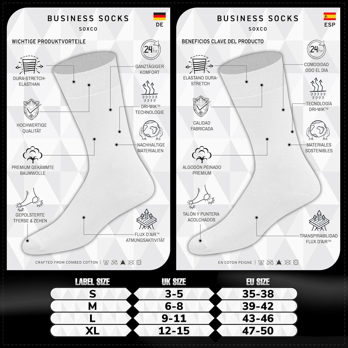 SOXCO Lot de 12 paires de chaussettes homme | Chaussettes habillées mi-mollet riches en coton | Tissu respirant idéales pour le travail et le quotidien | Noir, Blanc, Gris, Bleu Marine