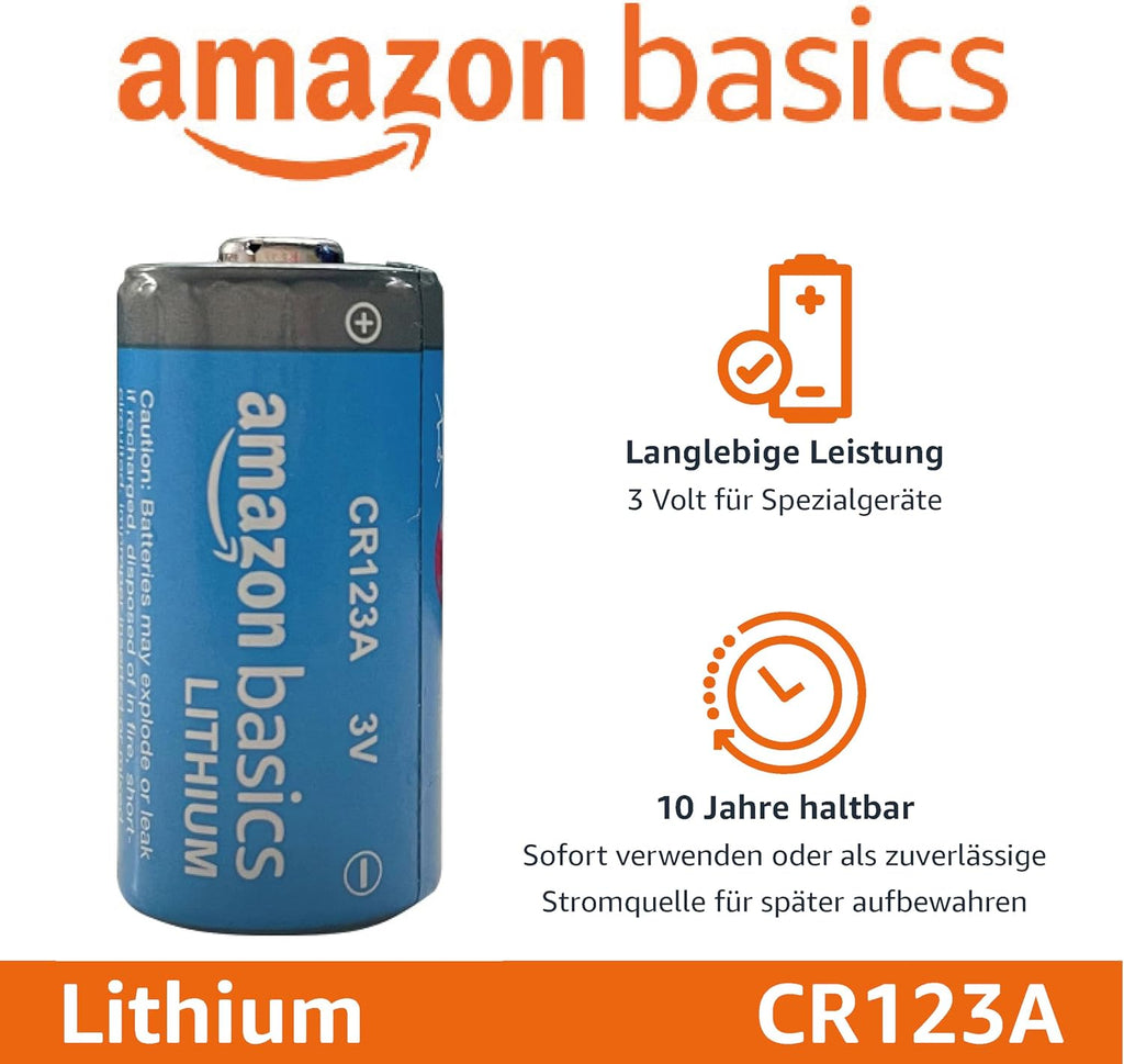 Amazon Basics CR123A Lithium-Batterien, 3 V, 10 Jahre lagerfähig, 10 Stück