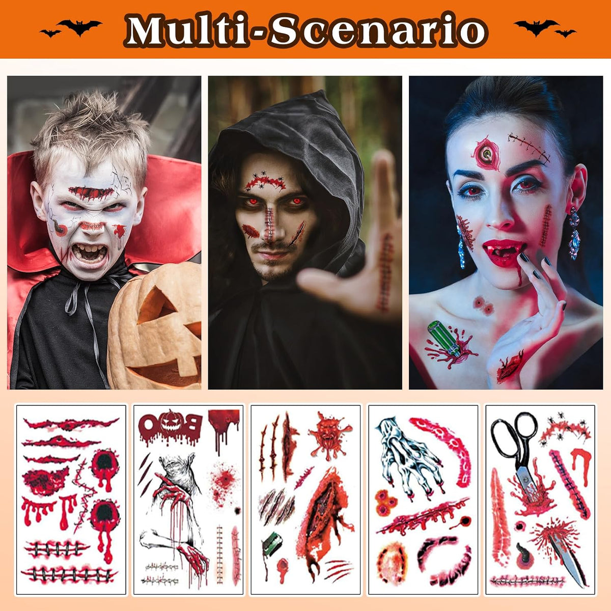 Tatouage Halloween Temporaire, 50 Feuilles Fausse Cicatrice Plaie Halloween
