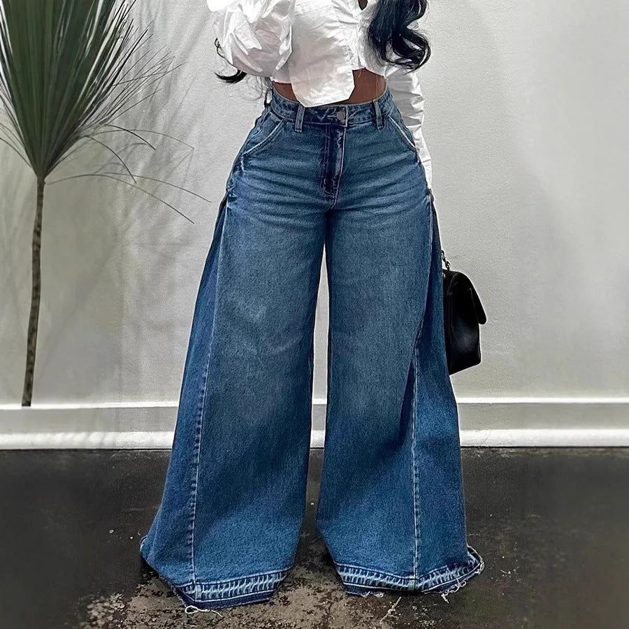 Loose Wide Leg Jeans Stitching Bell-Bottom Pants Tassel Trousers