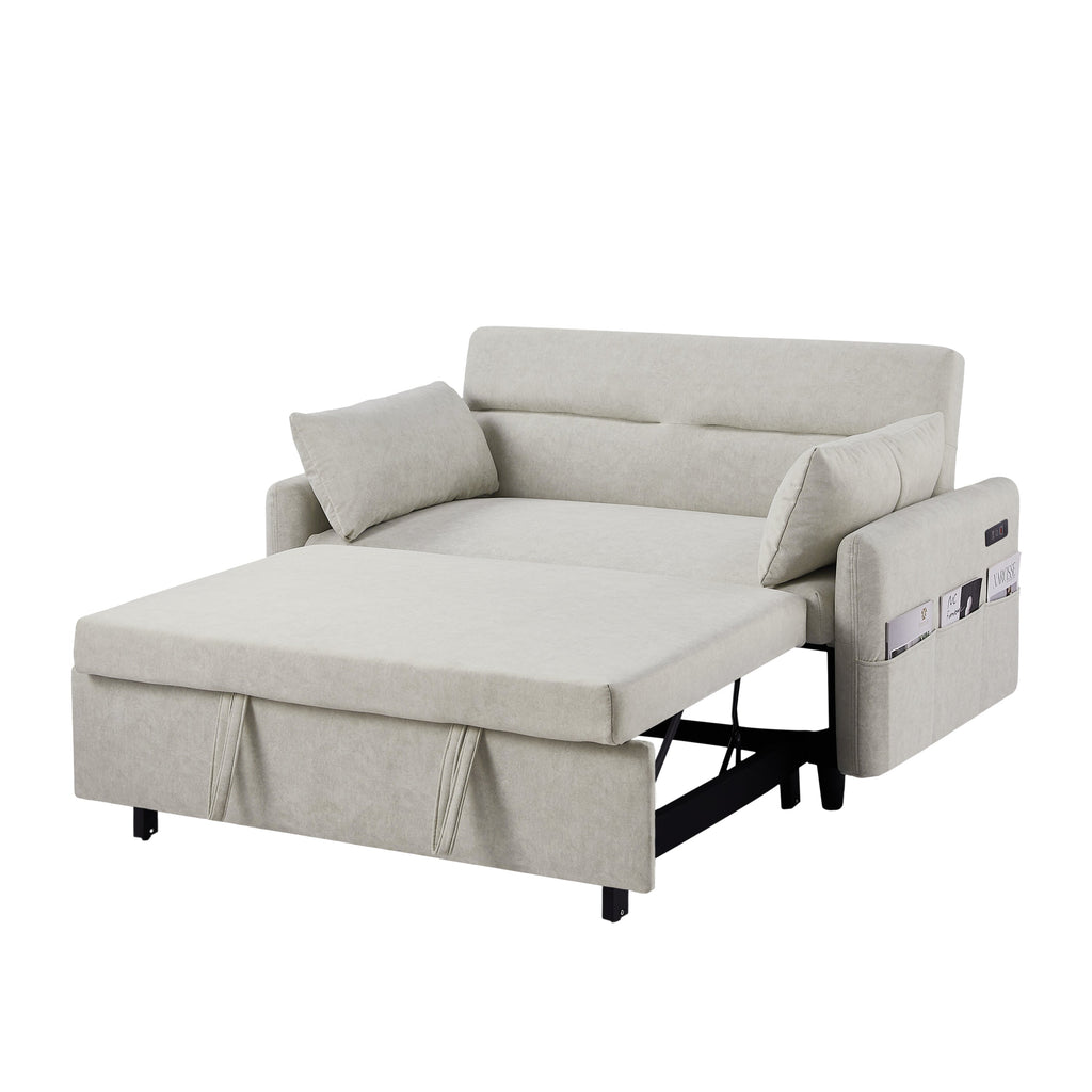 55.1" Pull Out Sleep Sofa Bed Loveseats Sofa Couch With Adjsutable Backrest, Storage Pockets, 2 Soft Pillows, USB Ports