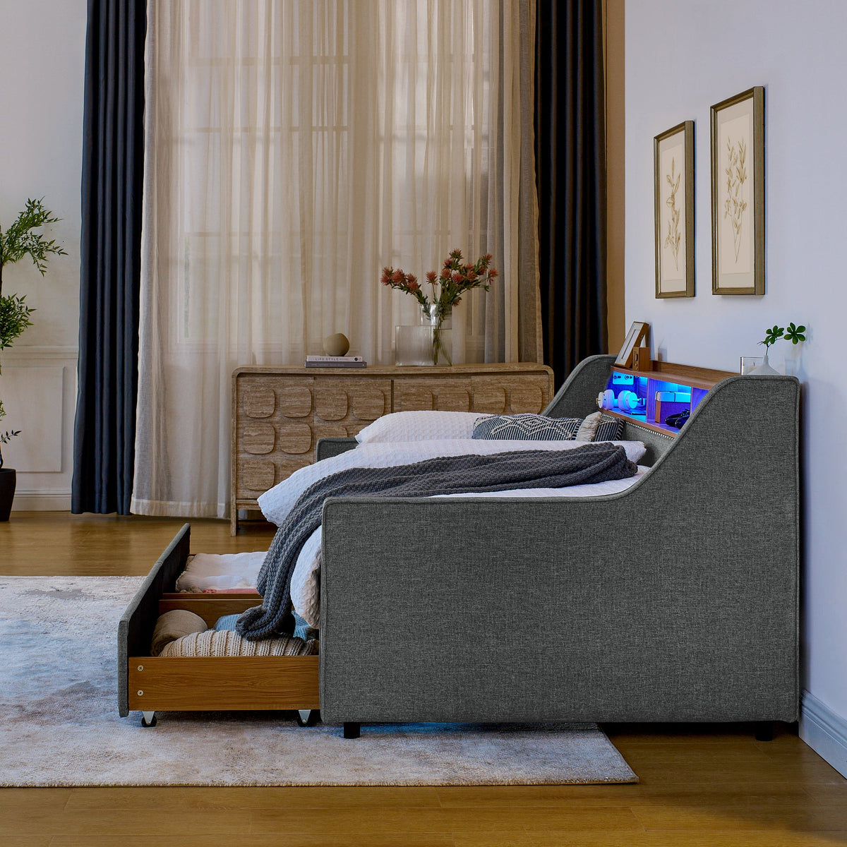 Twin Size Upholstery Sofa Bed With Three LED Lights, With Storage Adjustable Headboard, With Two Storage Pull Up Drawers