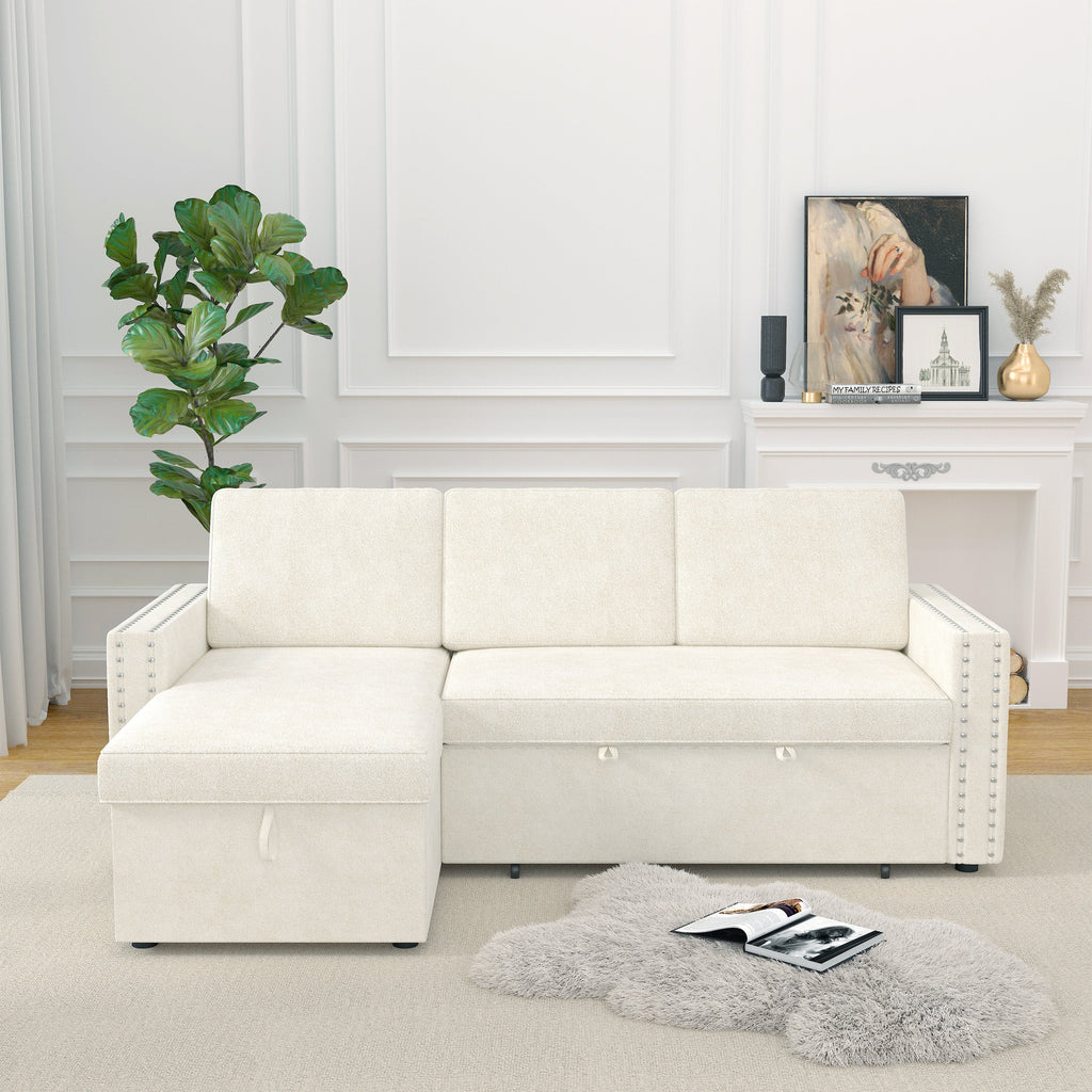 85 Inches Sofa Bed, 3 Seater Sleeper Sofa With Storage Chaise, Square Handrail With Pull and Copper Nail,Chenille , Pull