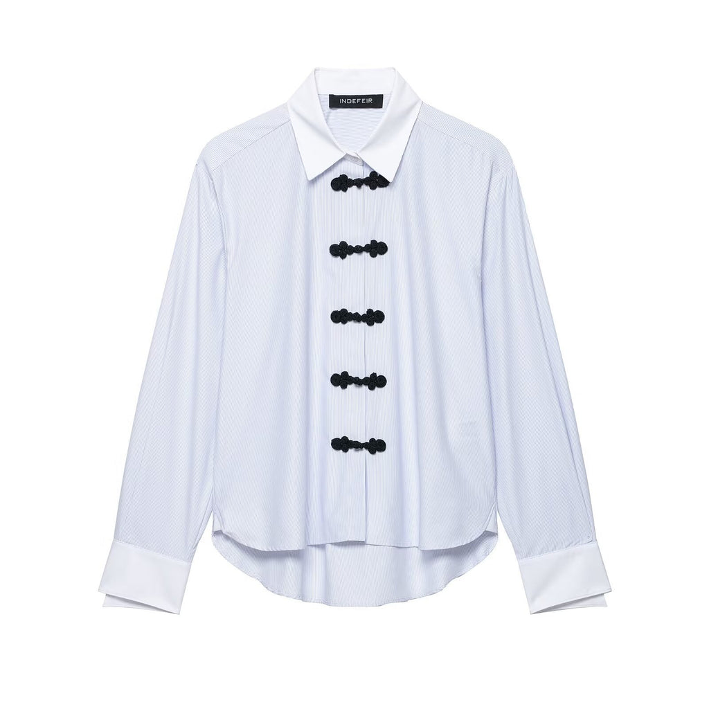Color blocked knot buckle long sleeved lapel shirt for women