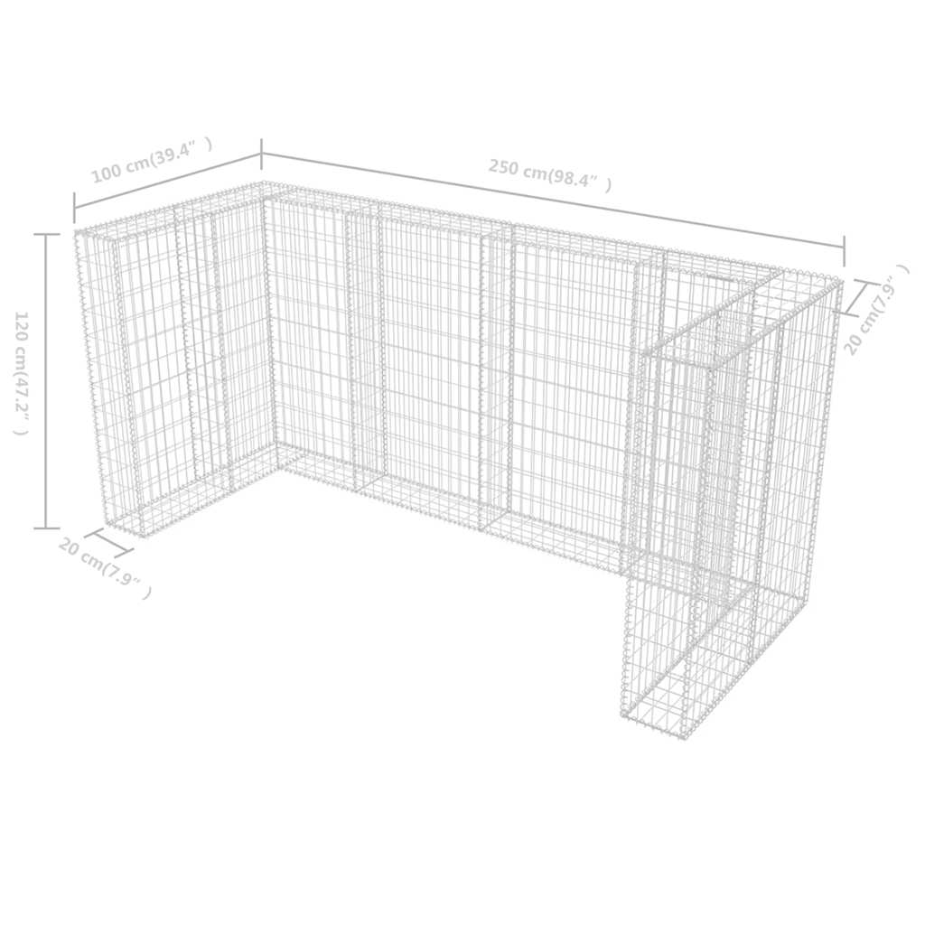 vidaXL Gabionkorg med skydd för 3 soptunnor stål 250x100x120 cm