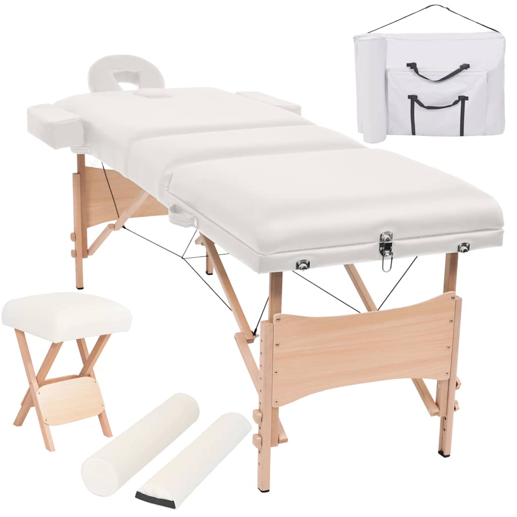 vidaXL Hopfällbar massagebänk 3 sektioner och pall 10 cm tjock vit