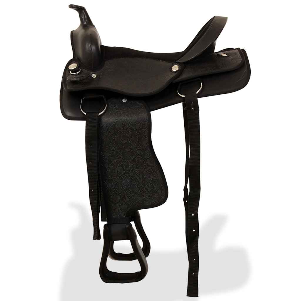 vidaXL Westernsadel träns&halsband äkta läder 16" svart