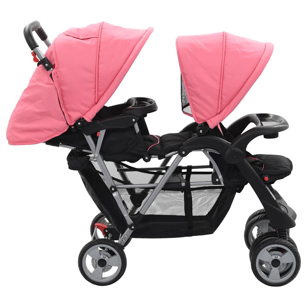 vidaXL Syskonvagn rosa och svart stål