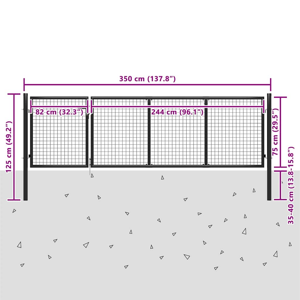 vidaXL Trädgårdsgrind stål 350x75 cm antracit