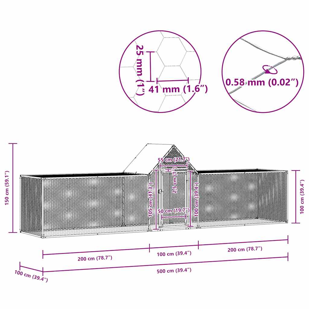 vidaXL Hönsbur 5x1x1,5 m galvaniserat stål