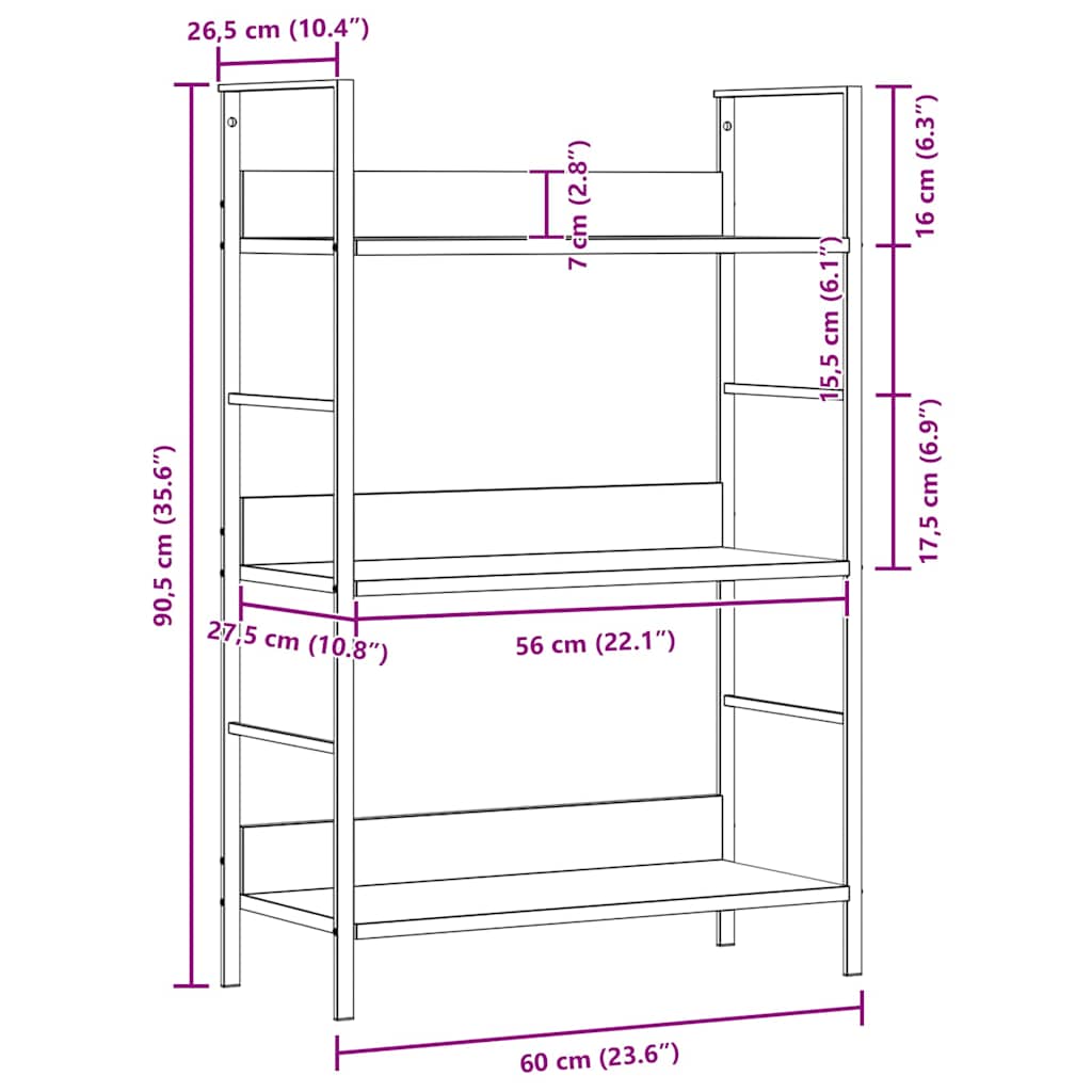vidaXL Bokhylla 3 hyllor vit 60x27,6x90,5 cm konstruerat trä