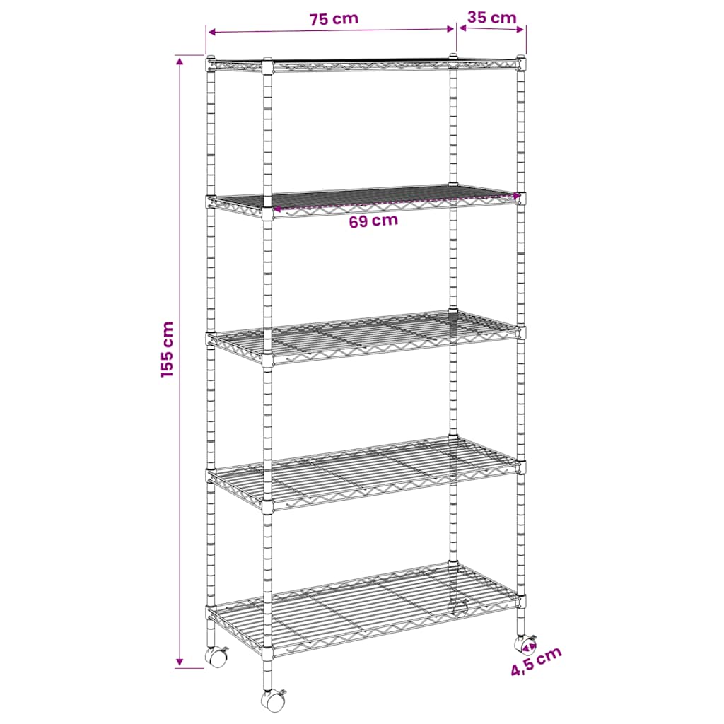 vidaXL Förvaringshylla med hjul 5 hyllplan 75x35x155 cm krom 250 kg