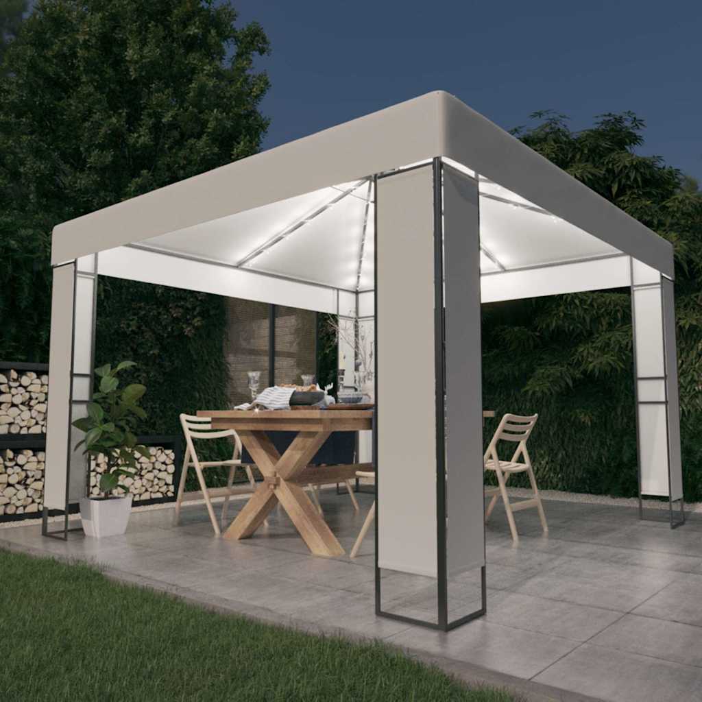 vidaXL Paviljong med dubbeltak och ljusslinga LED 3x3 m vit