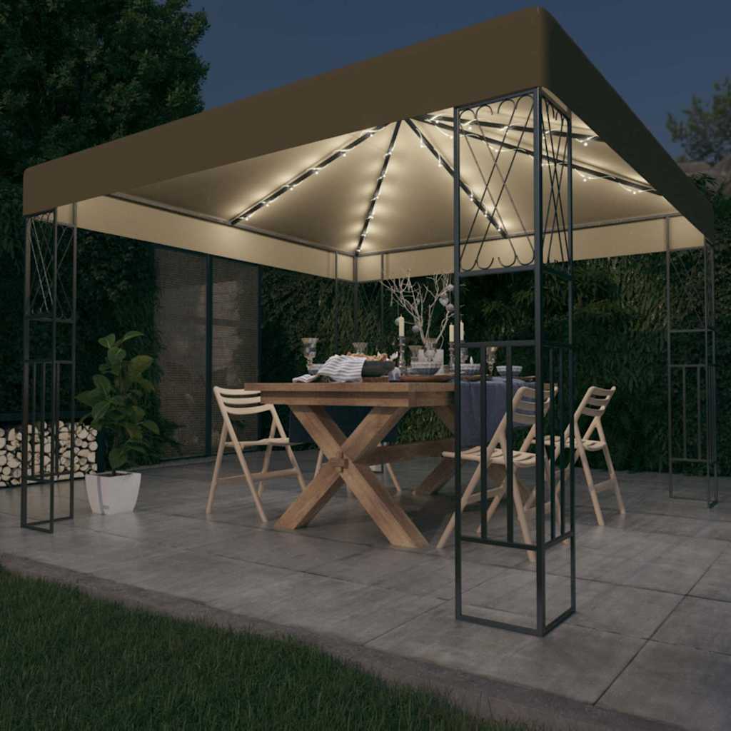 vidaXL Paviljong med ljusslinga LED 3x3 m taupe tyg