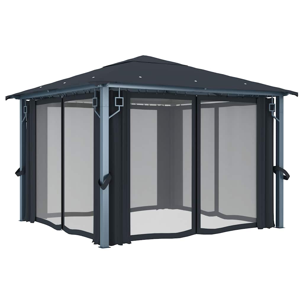 vidaXL Paviljong med gardin & ljusslinga LED 3x3 m antracit aluminium