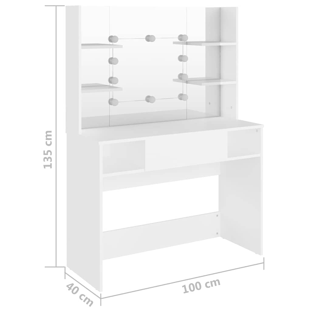 vidaXL Sminkbord med LED-belysning 100x40x135 cm MDF vit