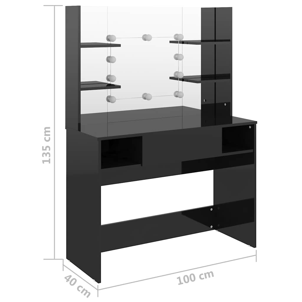 vidaXL Sminkbord med LED-belysning 100x40x135 cm MDF svart glänsande