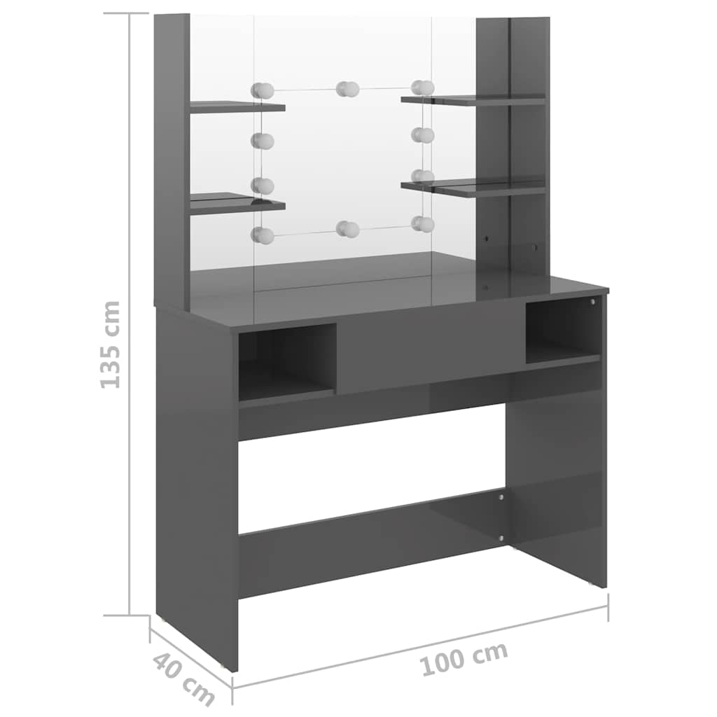 vidaXL Sminkbord med LED-belysning 100x40x135 cm MDF grå