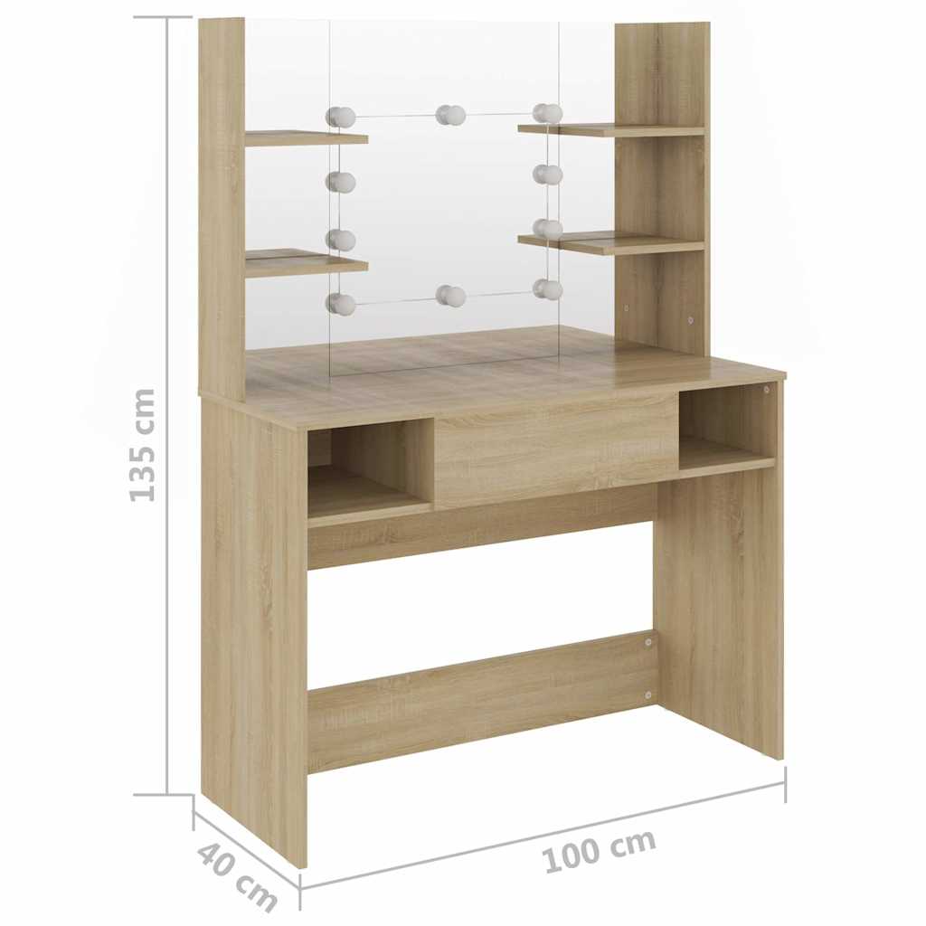 vidaXL Sminkbord med LED-belysning 100x40x135 cm MDF ek