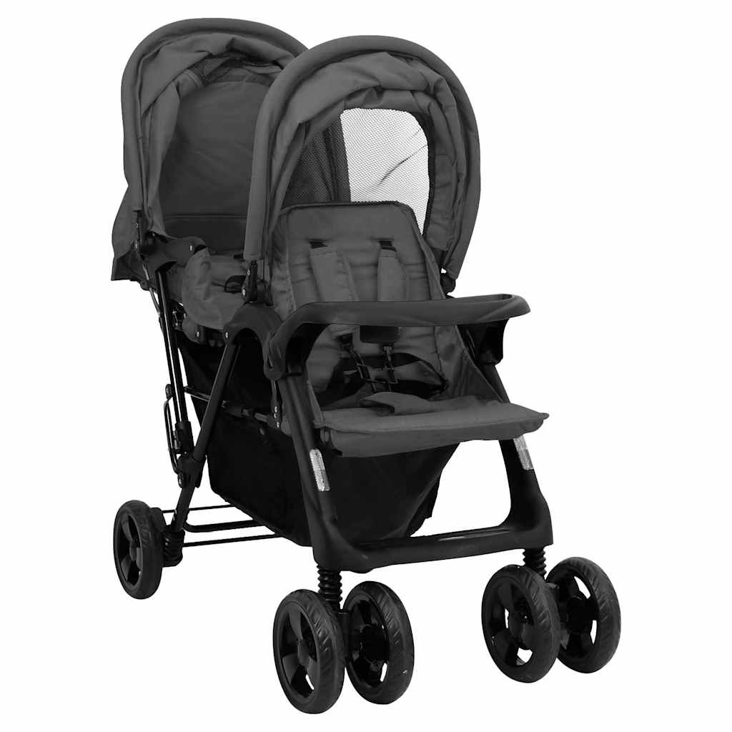 vidaXL Tandem tvillingvagn mörkgrå stål