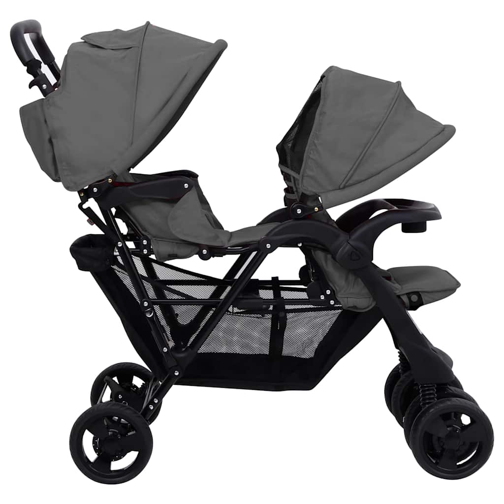 vidaXL Tandem tvillingvagn mörkgrå stål