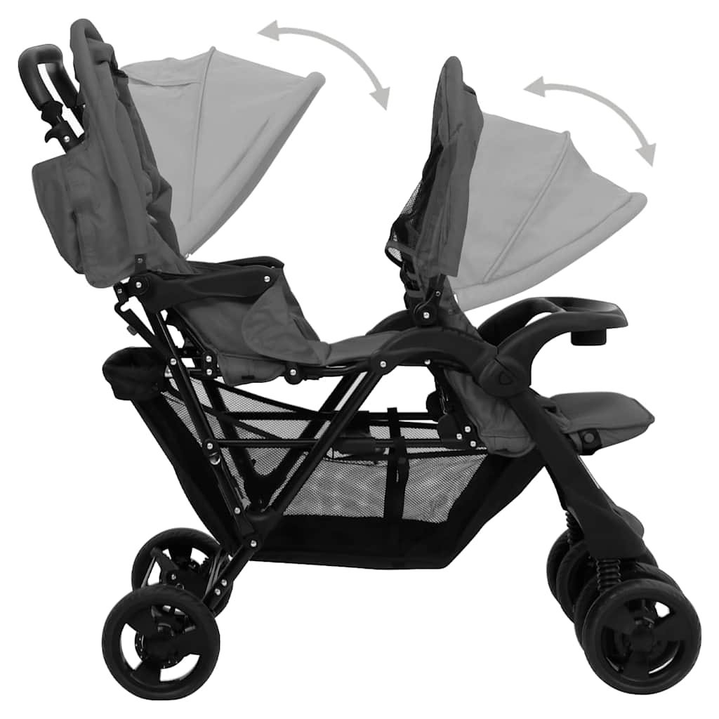 vidaXL Tandem tvillingvagn mörkgrå stål